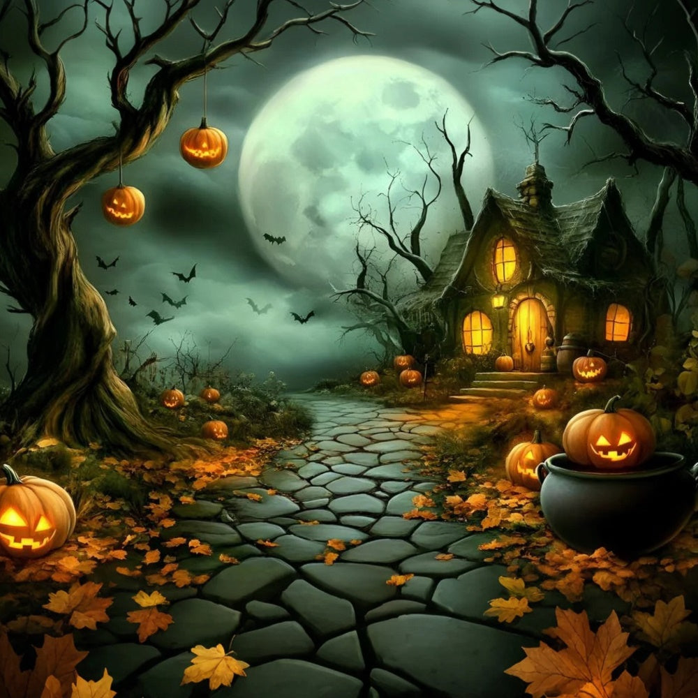 Halloween Moon Backdrop Haunted Pumpkin Cottage Path Backdrop GQ6-210
