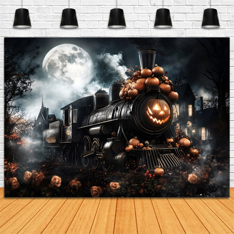 Halloween Moon Backdrop Phantom Train Moonlit Night Backdrop GQ6-223