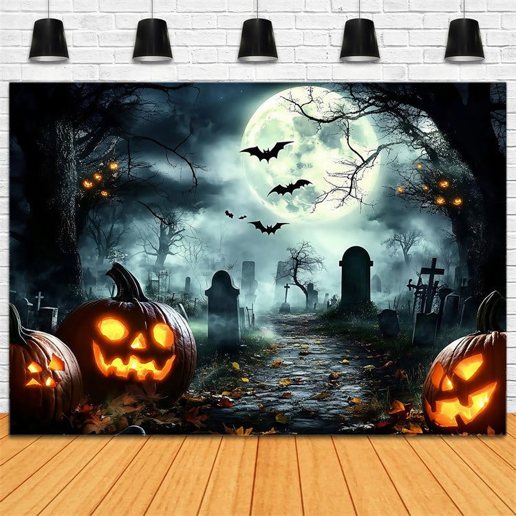 Halloween Graveyard Backdrop Midnight Bats Pumpkin Backdrop GQ6-228