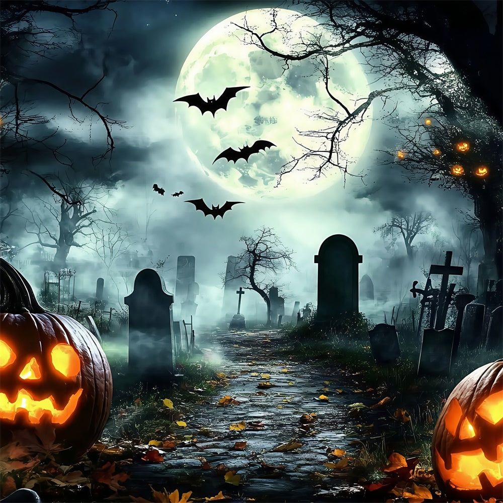 Halloween Graveyard Backdrop Midnight Bats Pumpkin Backdrop GQ6-228