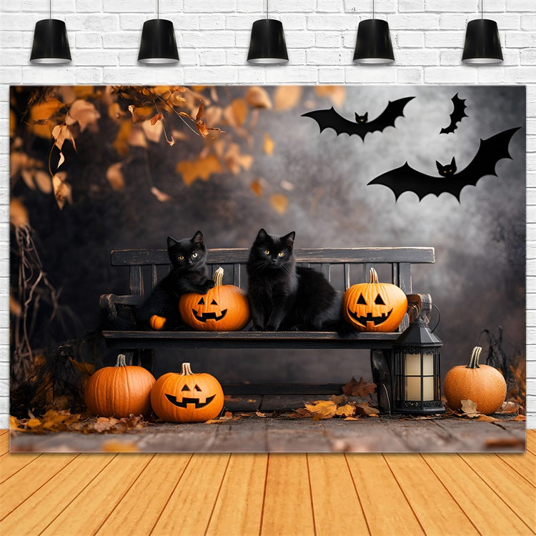 Scary Halloween Backdrops Black Cat Pumpkin Bench Backdrop GQ6-234