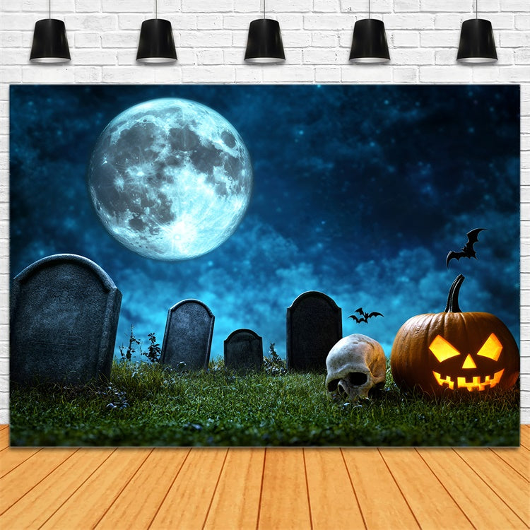 Halloween Graveyard Backdrop Full Moon Pumpkin Skull Backdrop GQ6-246
