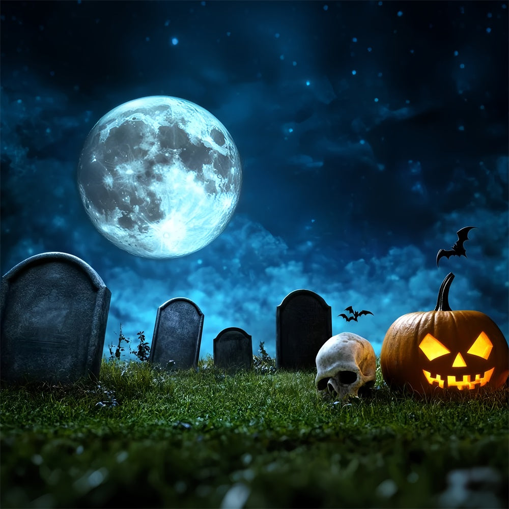 Halloween Graveyard Backdrop Full Moon Pumpkin Skull Backdrop GQ6-246