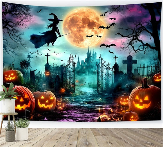 Halloween Witch Backdrop Moonlit Witch Pumpkins Backdrop GQ6-247