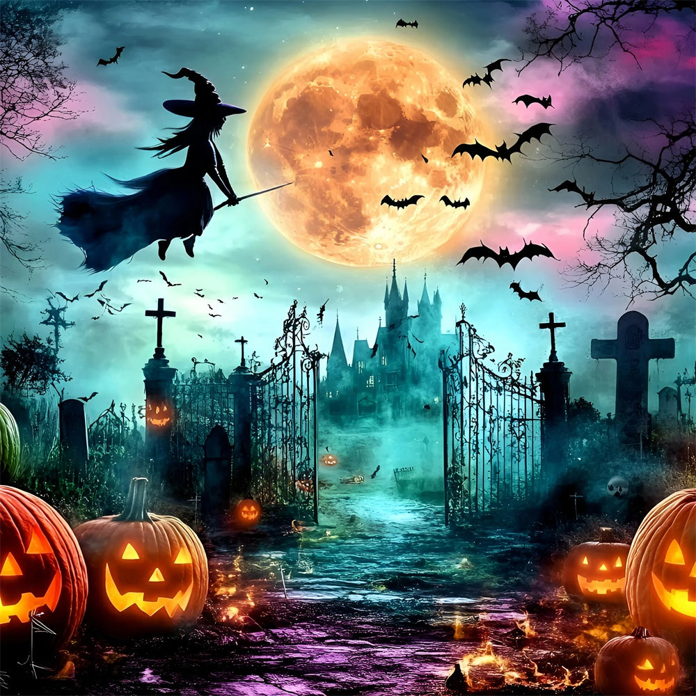 Halloween Witch Backdrop Moonlit Witch Pumpkins Backdrop GQ6-247