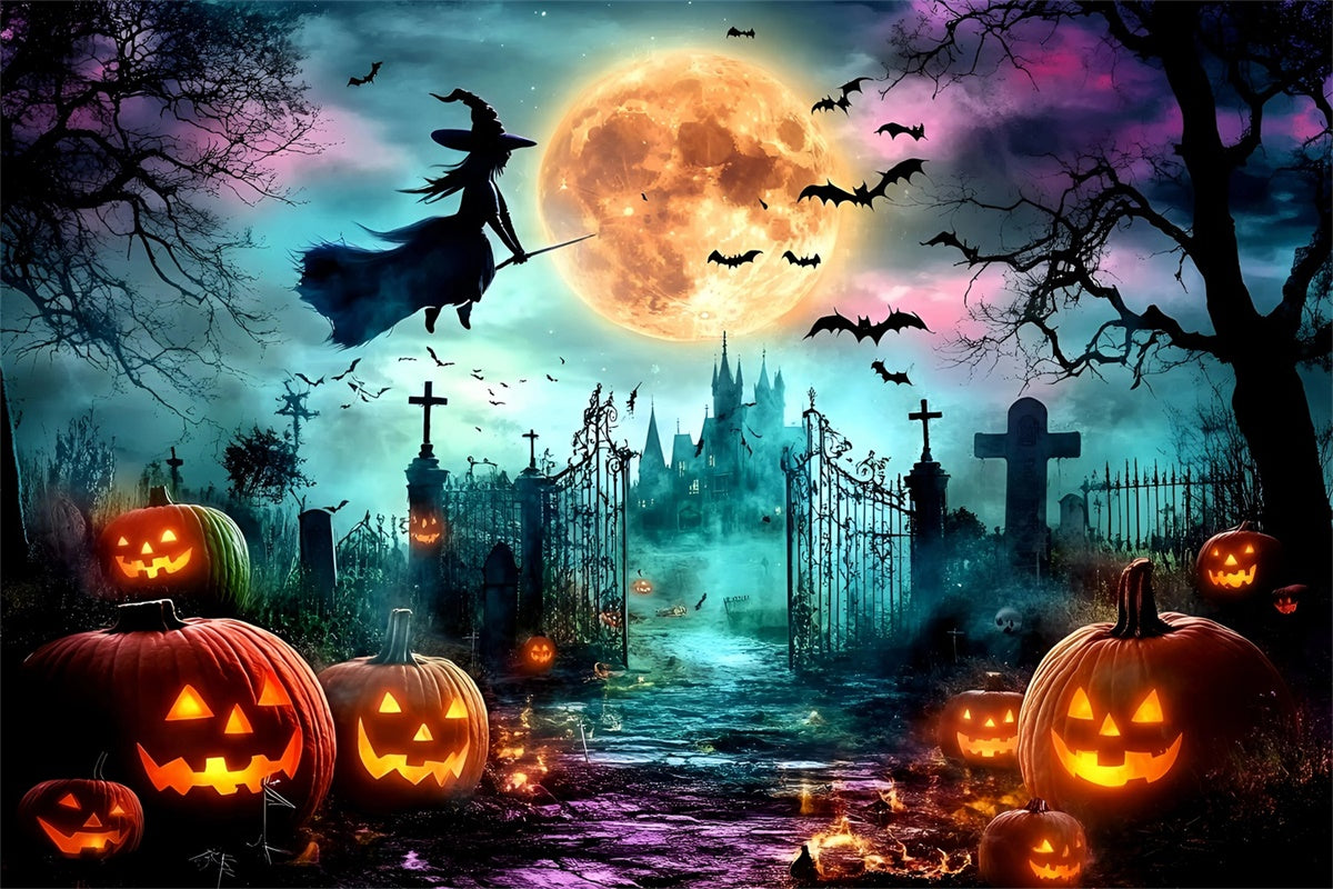 Halloween Witch Backdrop Moonlit Witch Pumpkins Backdrop GQ6-247