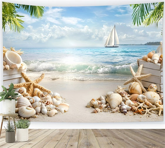 Beach Scene Backdrop Seashell Sailboat Summer Photo Backdrop GQ6-3