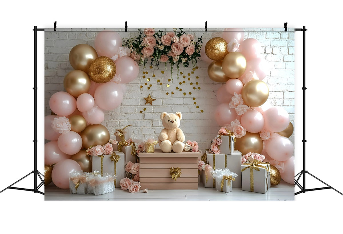 Cake Smash Backdrop Girl Pink Rose Bear Backdrop GQ6-322