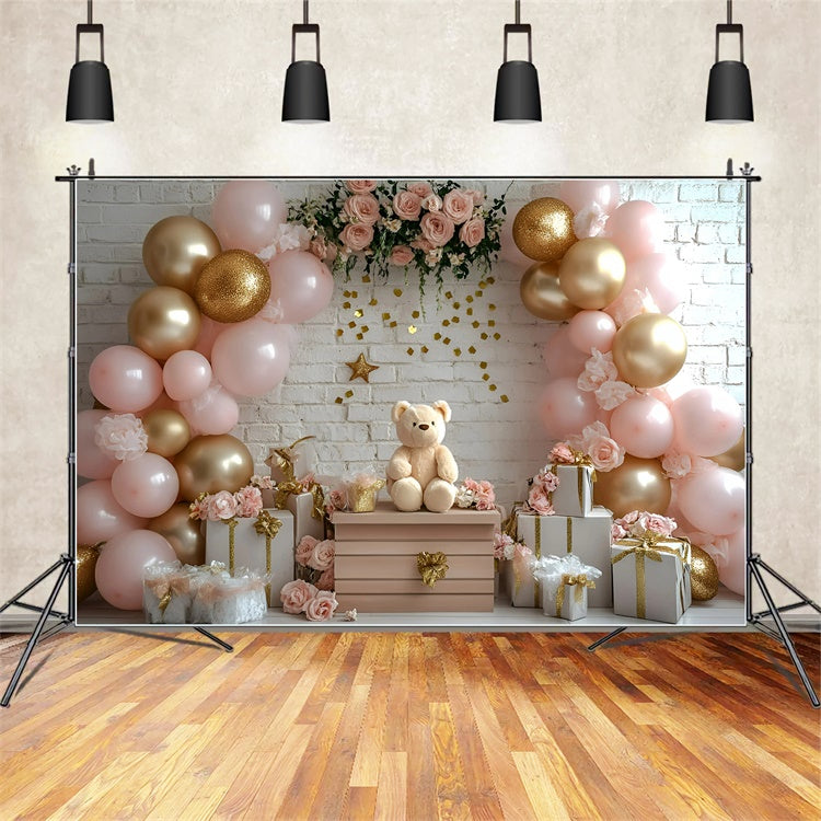 Cake Smash Backdrop Girl Pink Rose Bear Backdrop GQ6-322