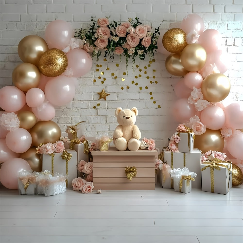 Cake Smash Backdrop Girl Pink Rose Bear Backdrop GQ6-322