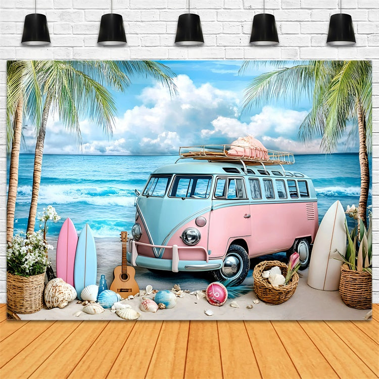 Beach Theme Backdrop Guitar Beach Van Summer Backdrops GQ6-7