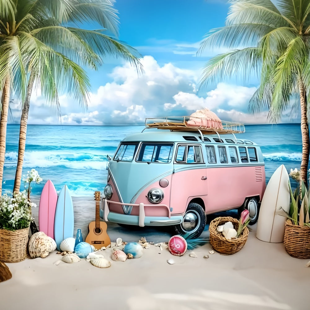 Beach Theme Backdrop Guitar Beach Van Summer Backdrops GQ6-7
