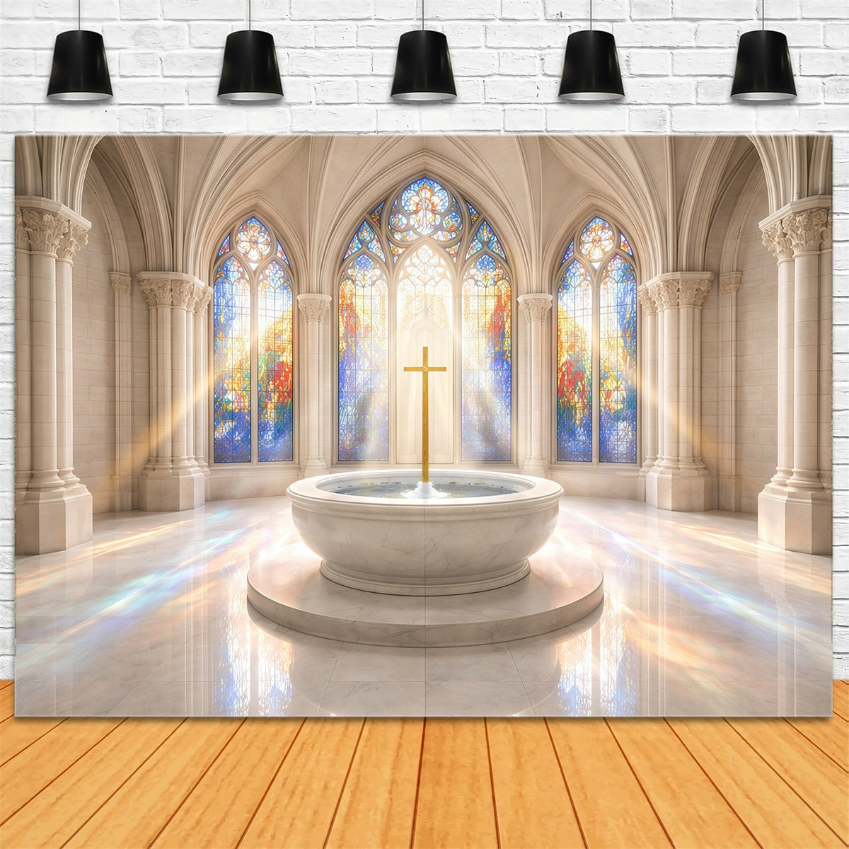 Stained Glass Backdrop Church Hall Window Cross Easter Photoshoot Backdrop GQ61-1