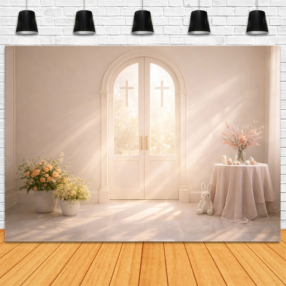 Church Easter Photo Backdrops Sunlit Cross Arch Doors Backdrops For Easter Pictures GQ61-10