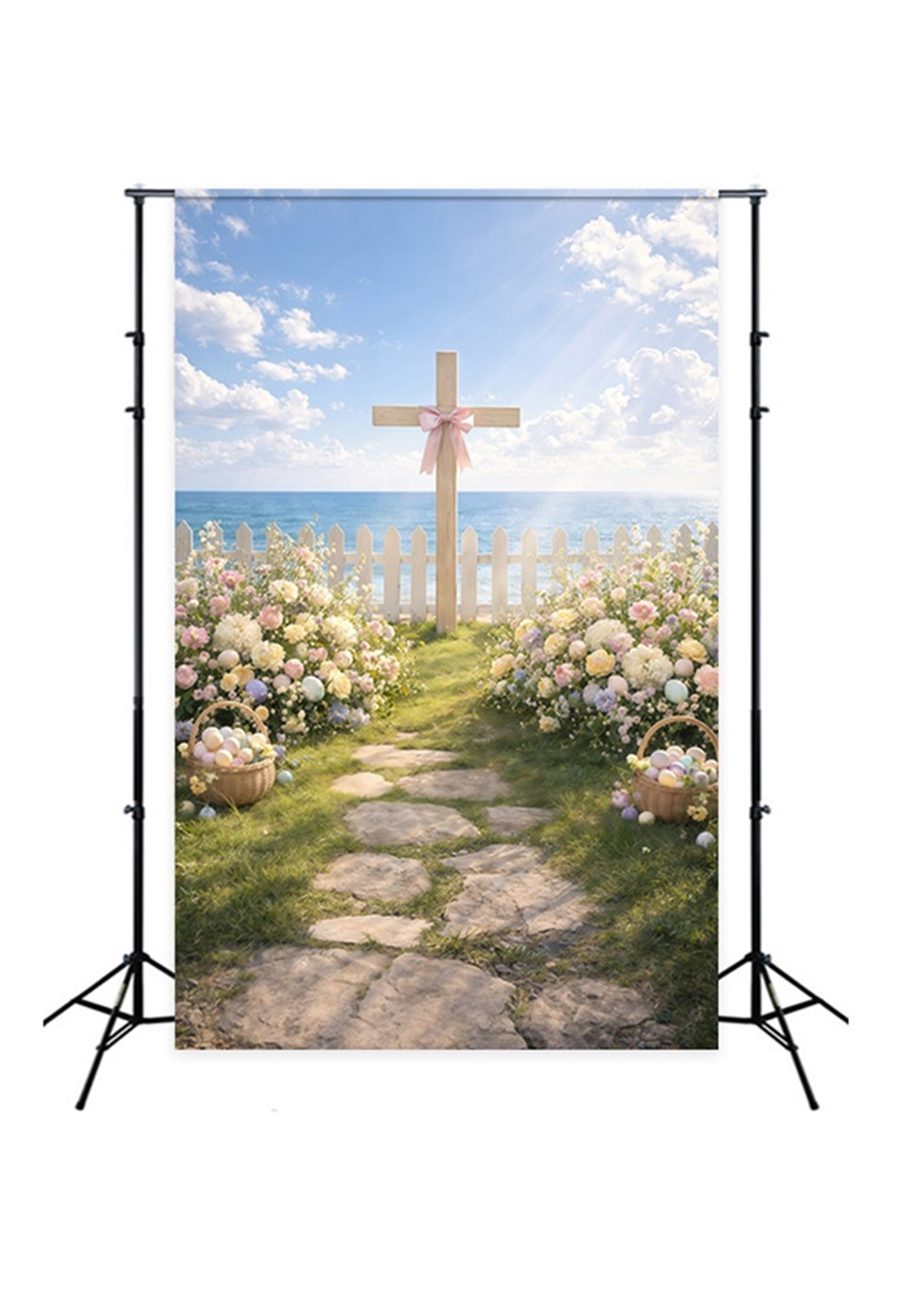 Easter Religious Backdrops Seaside Cross Garden Path Backdrop For Easter Pictures GQ61-11