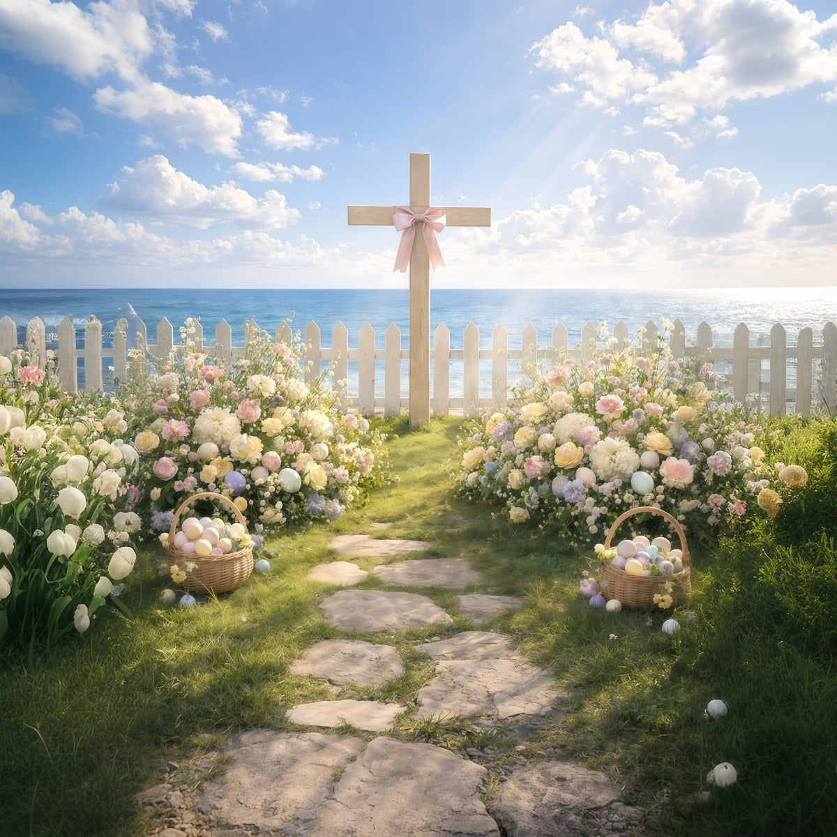 Easter Religious Backdrops Seaside Cross Garden Path Backdrop For Easter Pictures GQ61-11