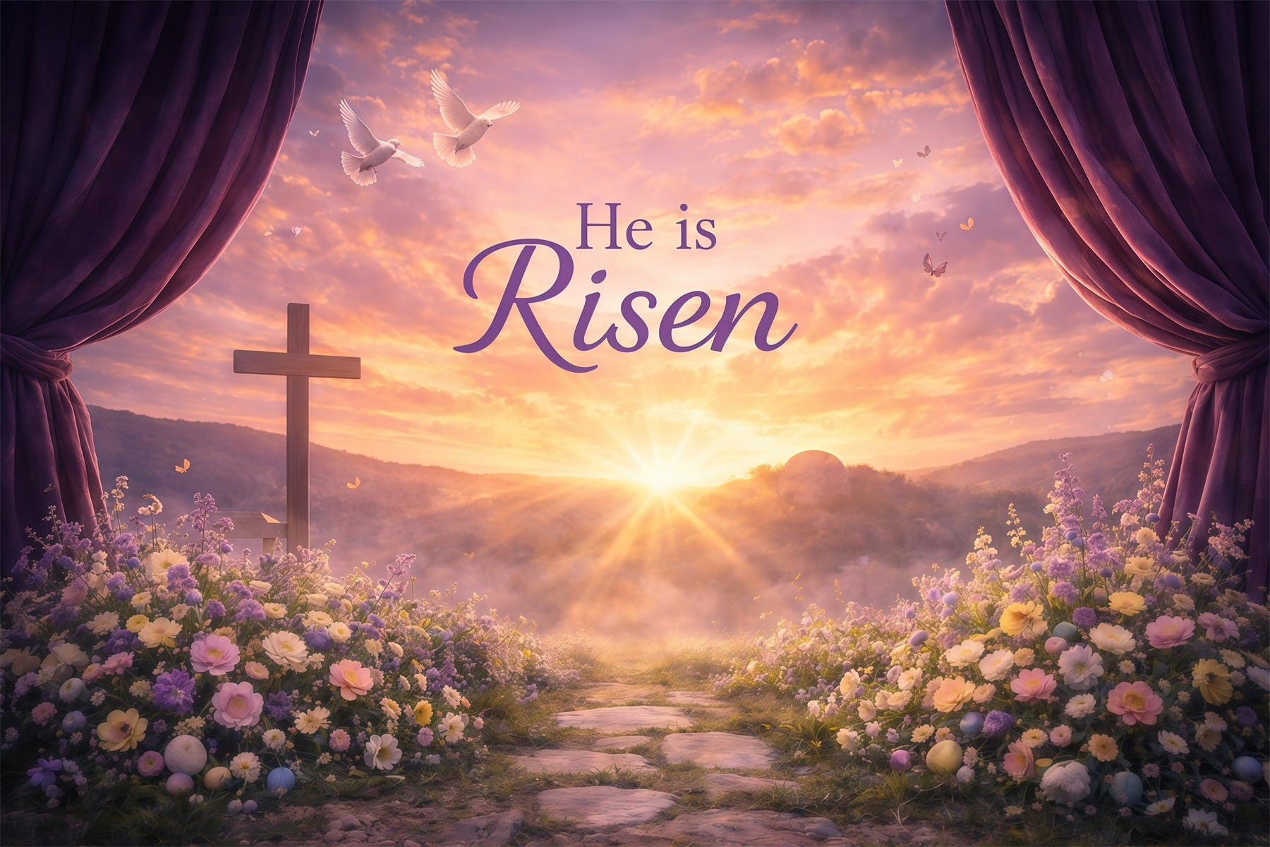 He Is Risen Backdrop Sunrise Valley Songbirds Flower Easter Backdrops For Photos GQ61-13
