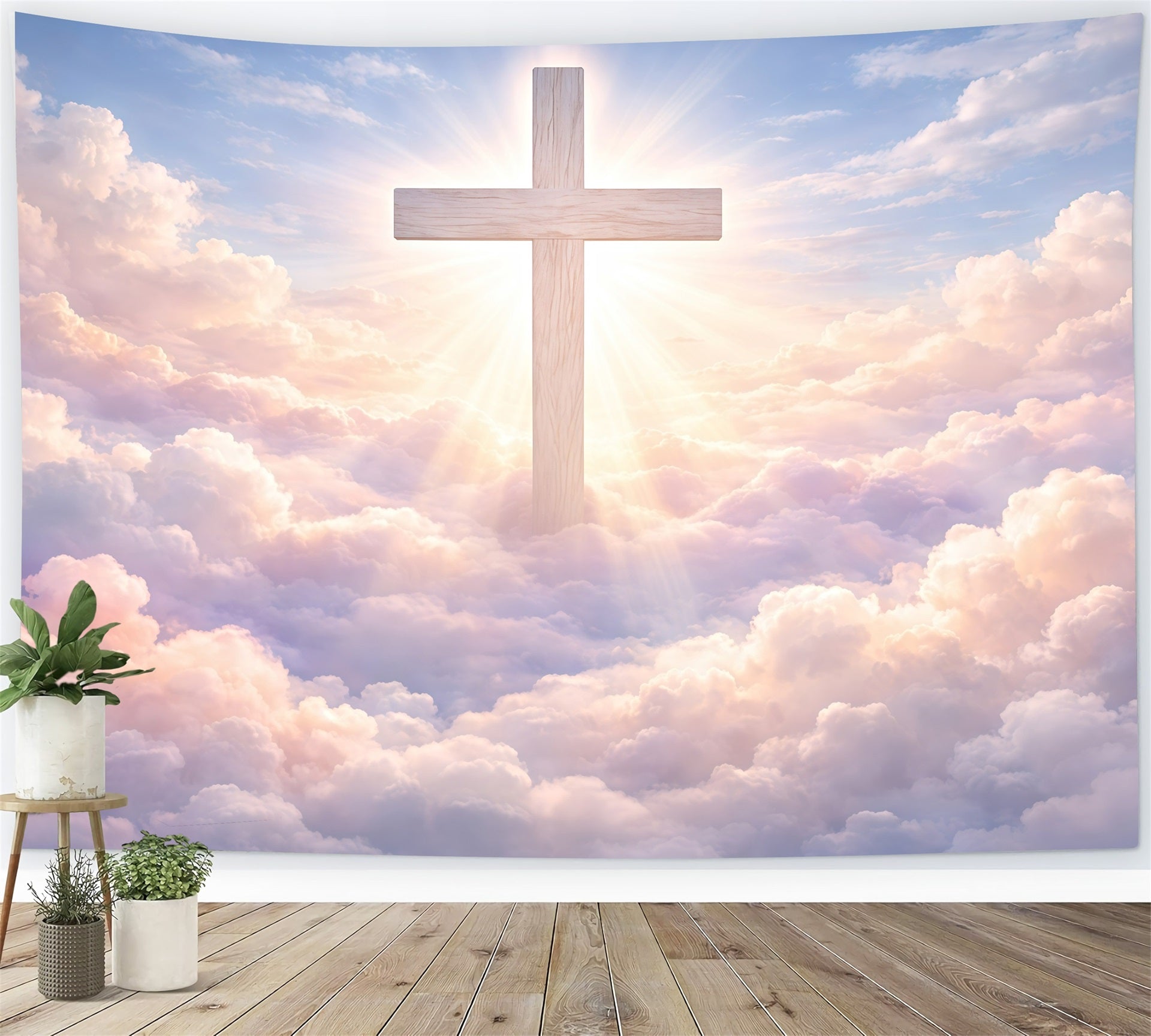 Easter Photo Backdrops Church Radiant Cross Heavenly Clouds Easter Themed Backdrop GQ61-14