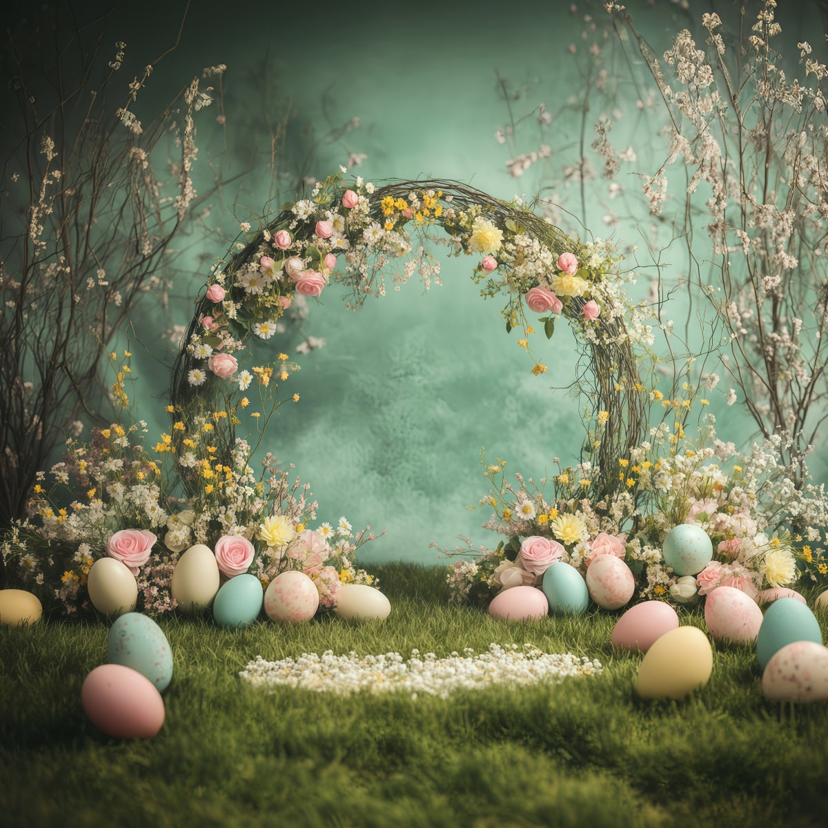 Spring Easter Backdrop Wildflower Bouquet Egg Arch Easter Backdrops For Photos GQ61-17
