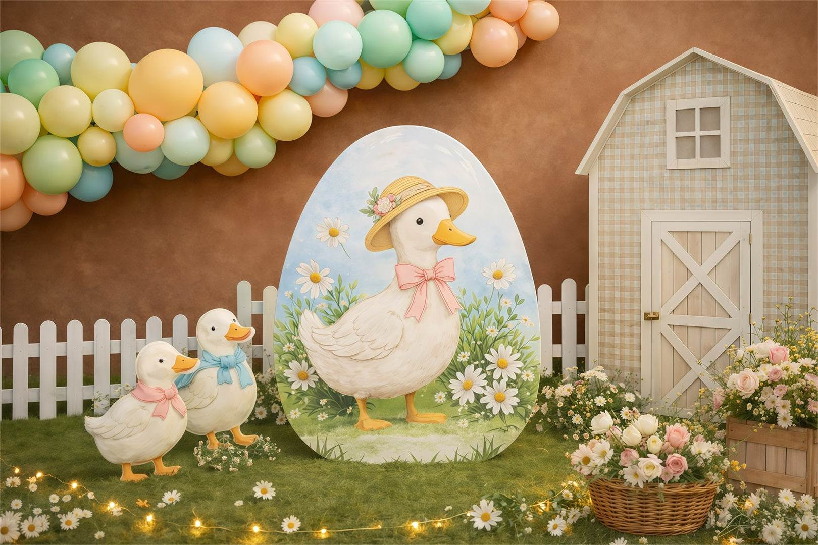 Easter Backdrop With Balloons Cute Duck Farm Daisies Backdrop For Easter GQ61-22
