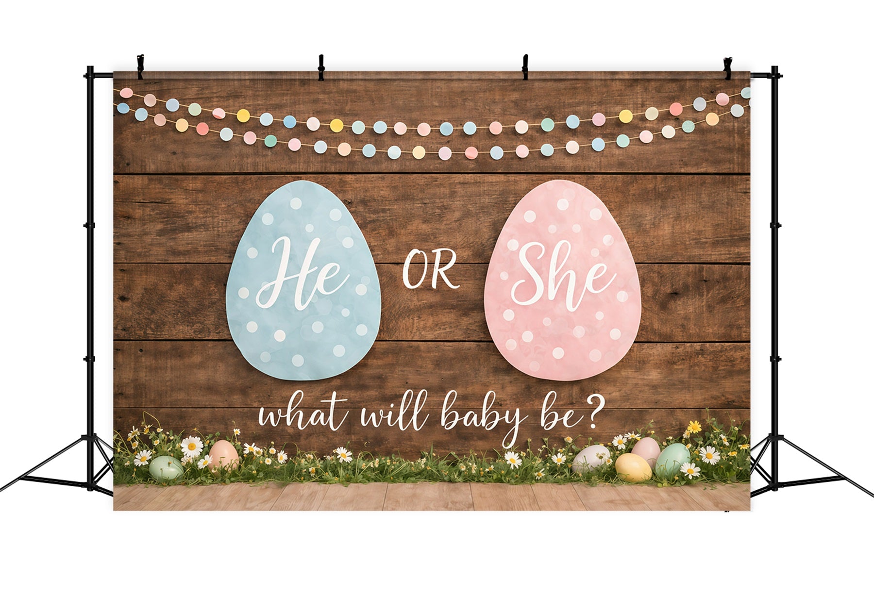 Easter Gender Reveal Backdrop Pastel Eggs Wood Daisies Easter Themed Backdrop GQ61-24