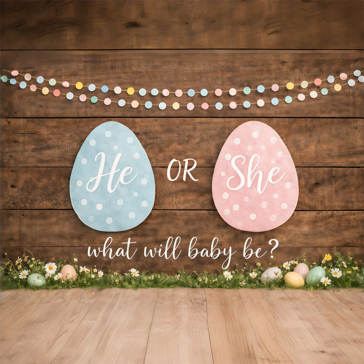Easter Gender Reveal Backdrop Pastel Eggs Wood Daisies Easter Themed Backdrop GQ61-24