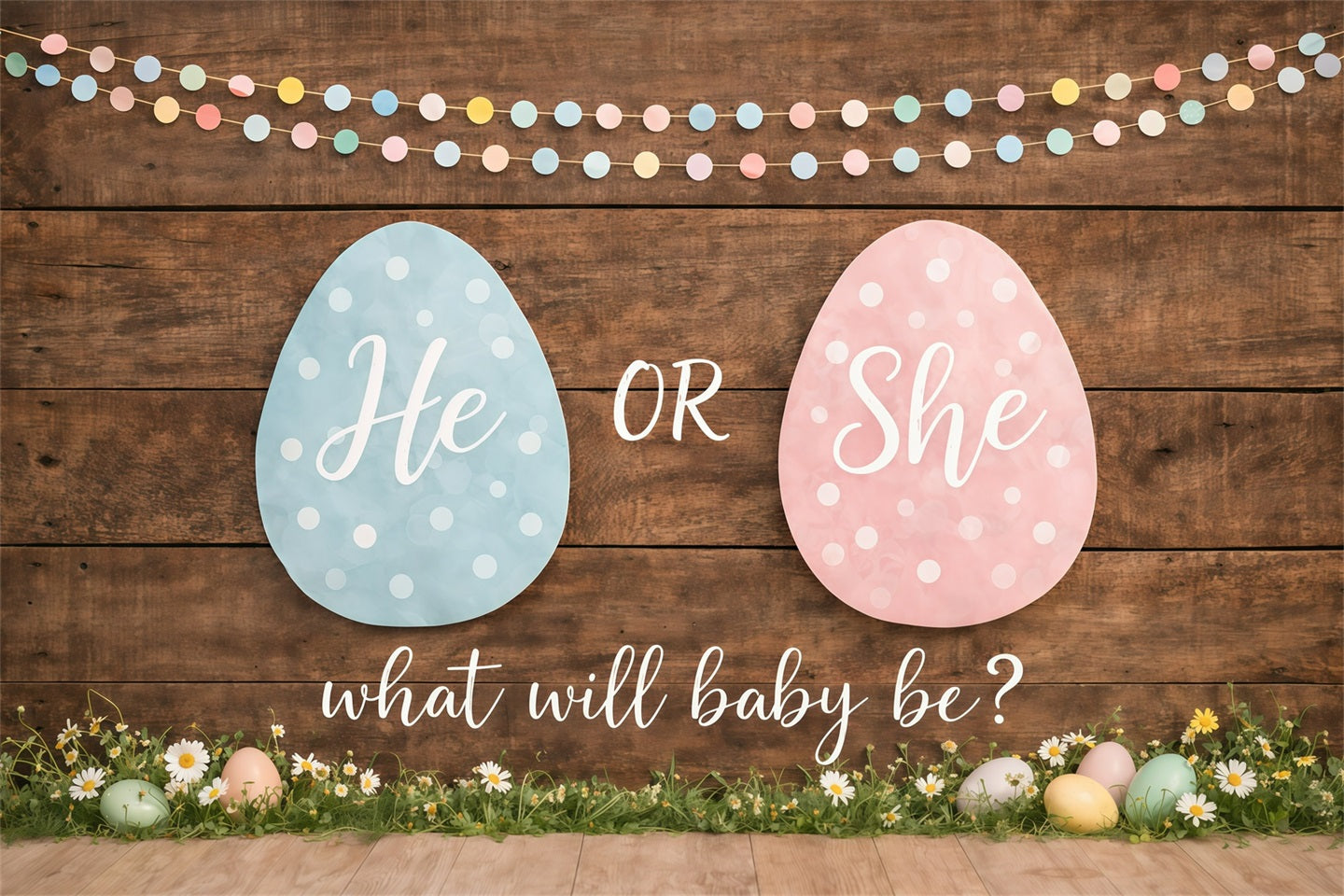 Easter Gender Reveal Backdrop Pastel Eggs Wood Daisies Easter Themed Backdrop GQ61-24