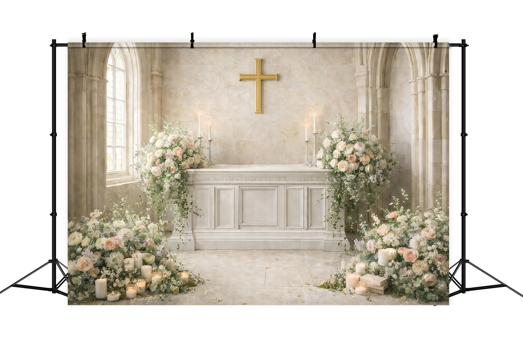 Church Easter Photo Backdrop Sacred Church Cross Flower Backdrop For Easter GQ61-35