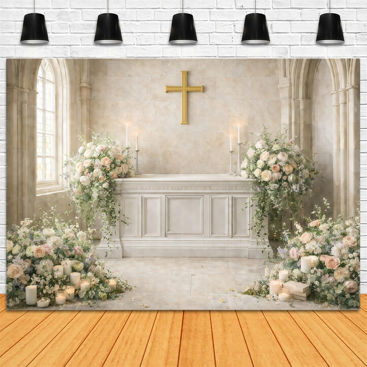 Church Easter Photo Backdrop Sacred Church Cross Flower Backdrop For Easter GQ61-35