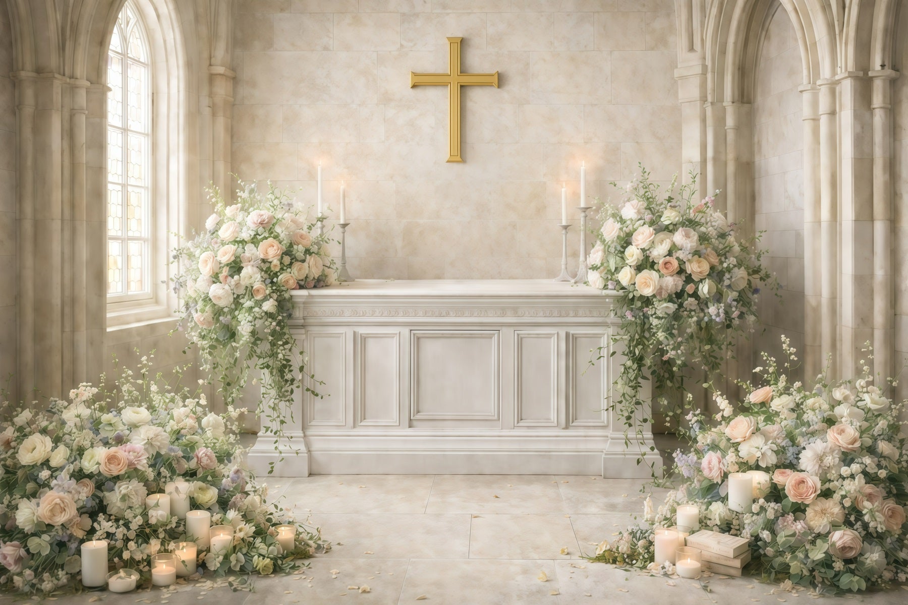 Church Easter Photo Backdrop Sacred Church Cross Flower Backdrop For Easter GQ61-35