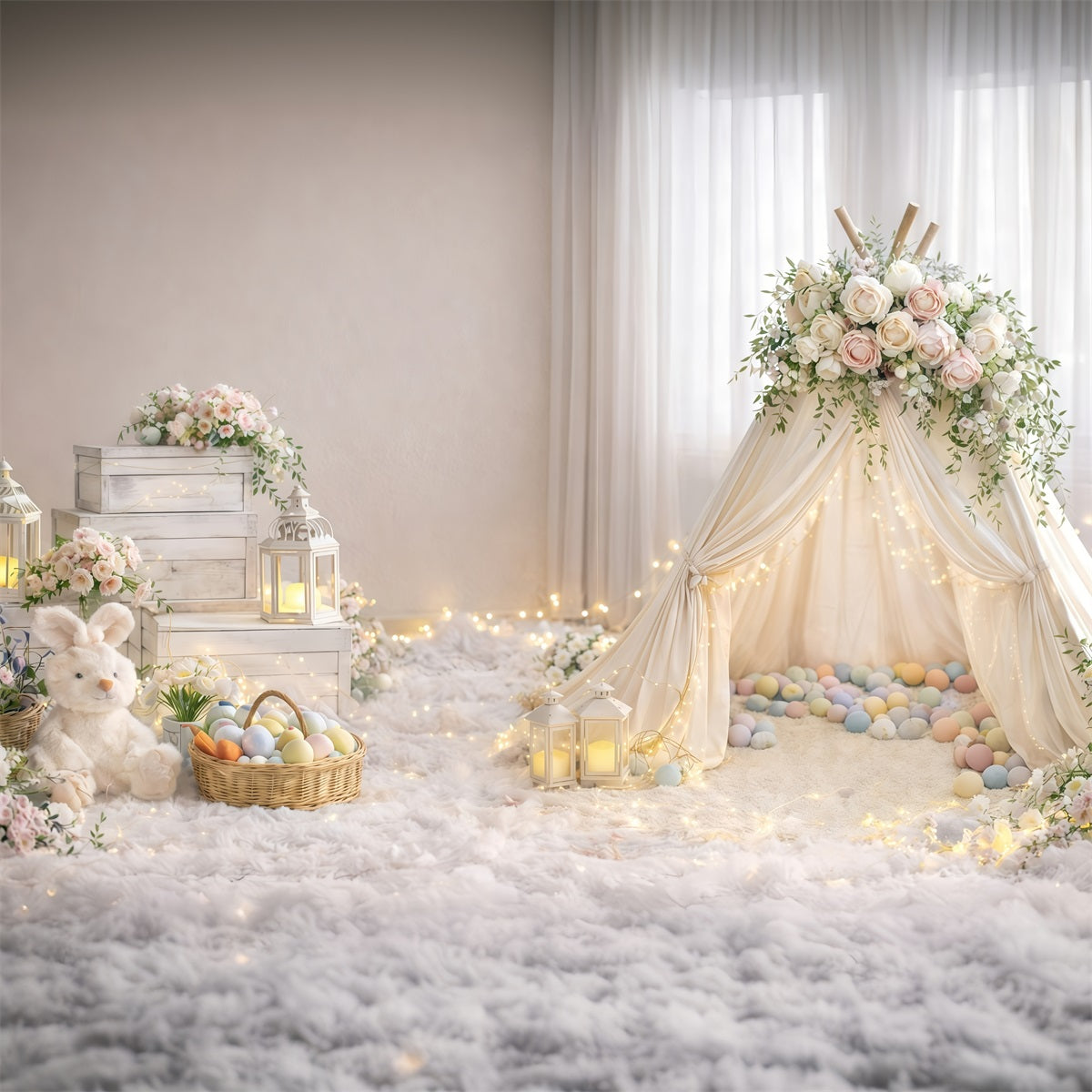 Baby Easter Backdrop Soft Glow Floral Teepee Easter Photography Backdrops For Sale GQ61-39