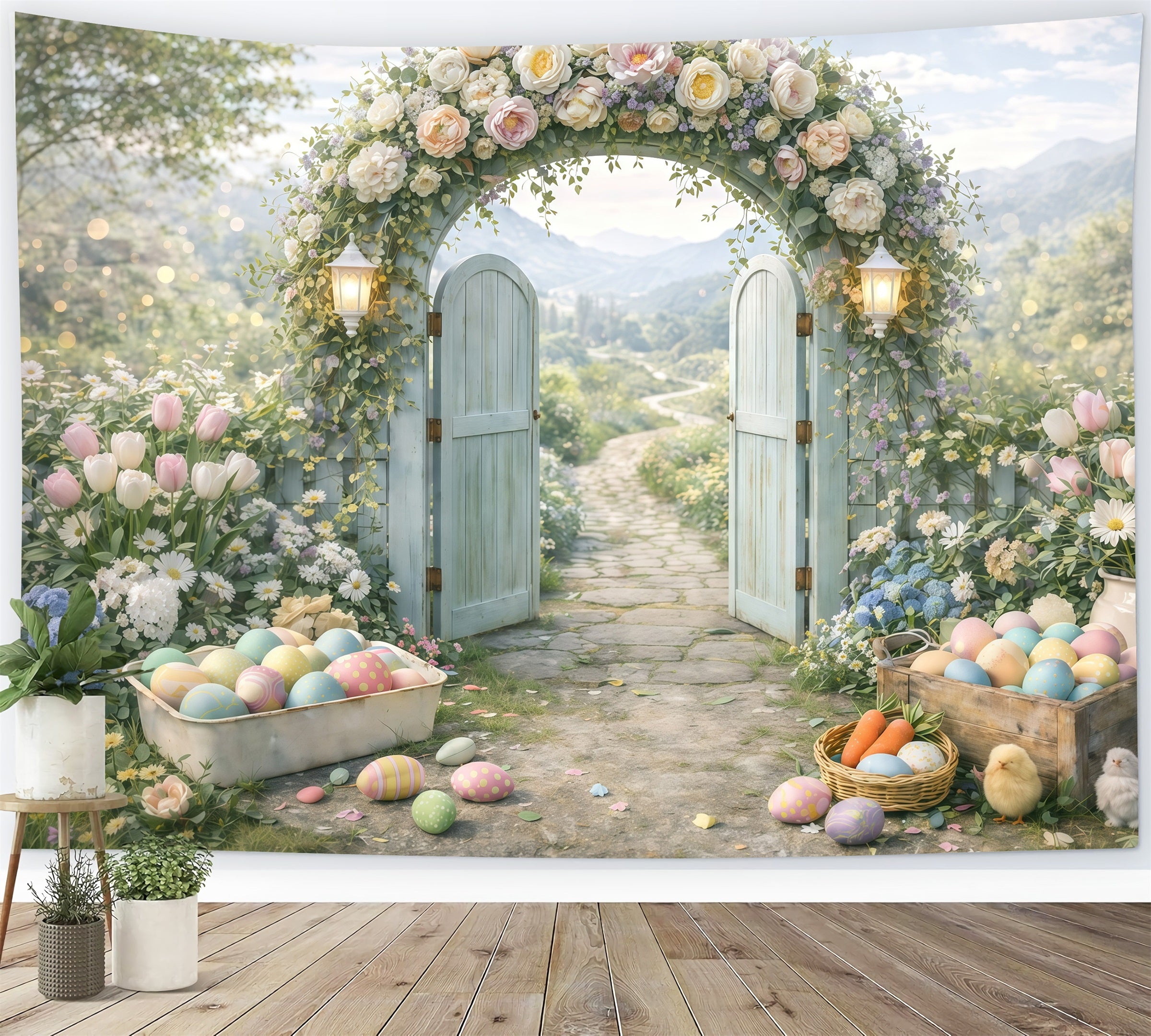 Easter Flower Backdrop Spring Garden Arch Entrance Egg Photo Backdrop Easter GQ61-44