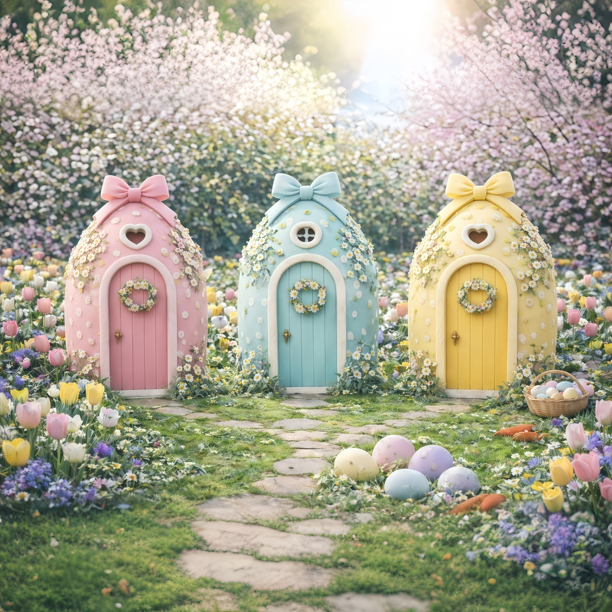 Easter Spring Backdrops Pastel Fairy Cottage Trio Outdoor Easter Backdrop GQ61-47