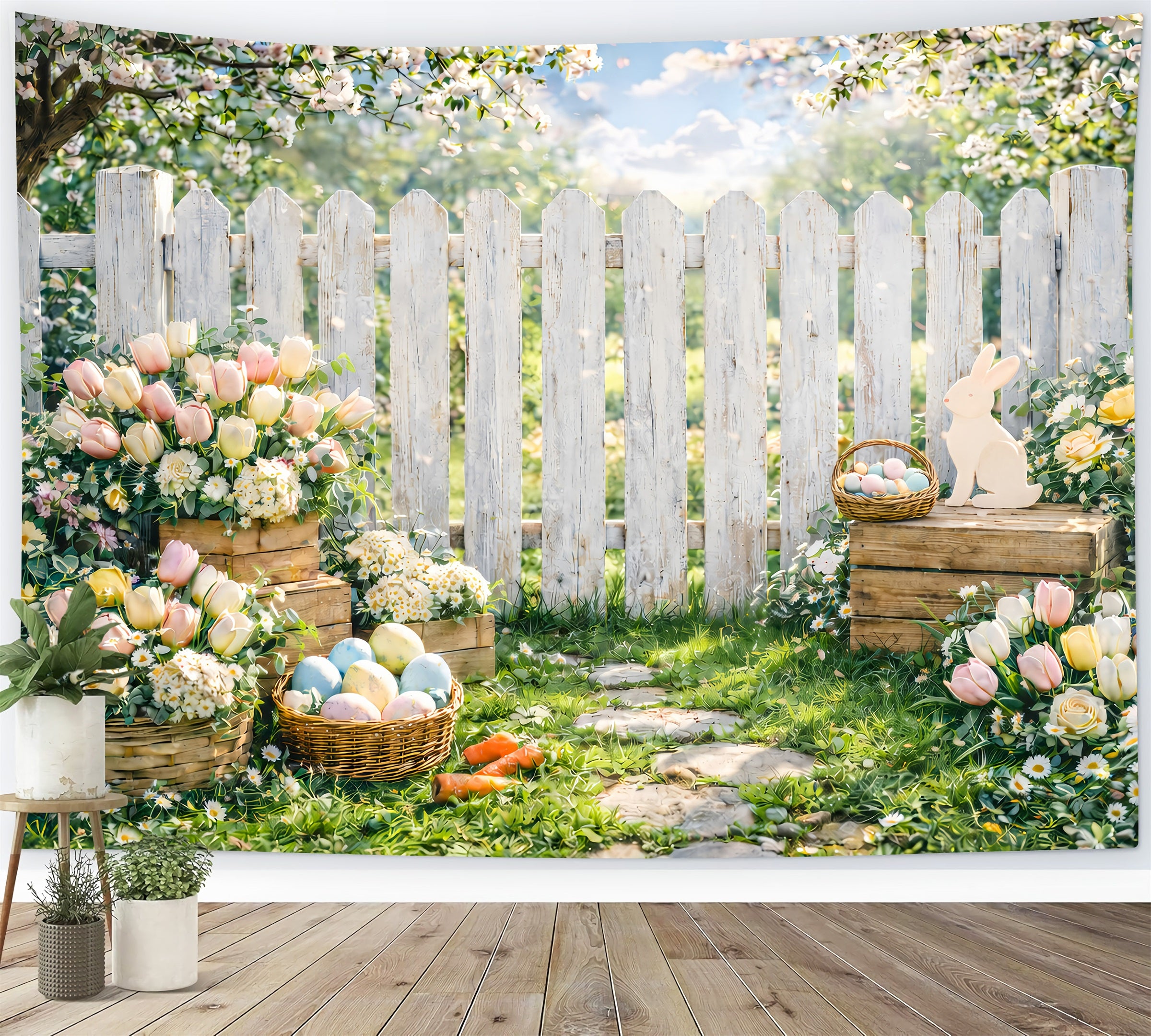 Easter Spring Backdrop Garden Picket Fence Cherry Blossom Easter Backdrop Photo GQ61-50