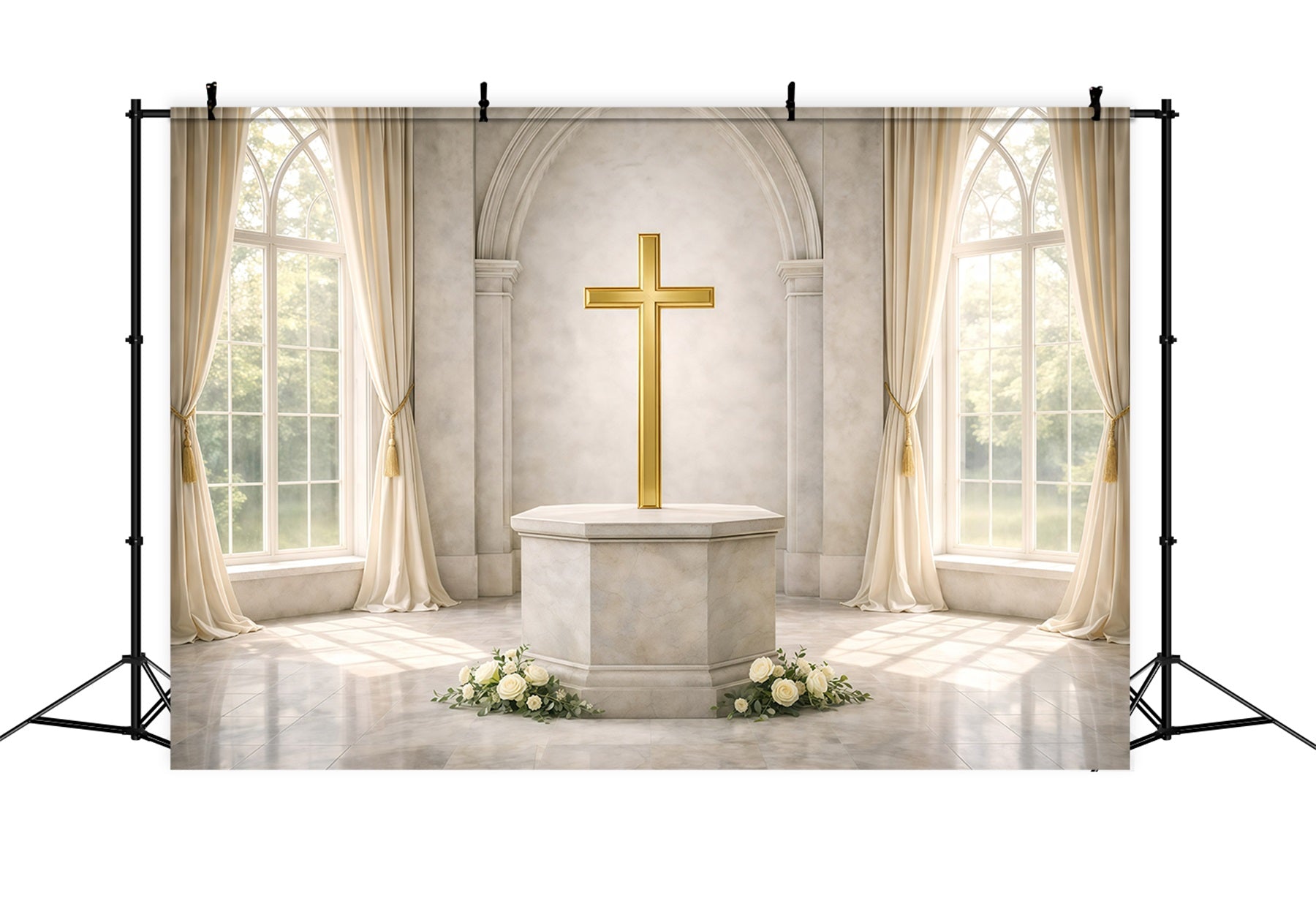 Easter Church Backdrop Golden Cross Window Light Easter Backdrop 10x10 GQ61-52