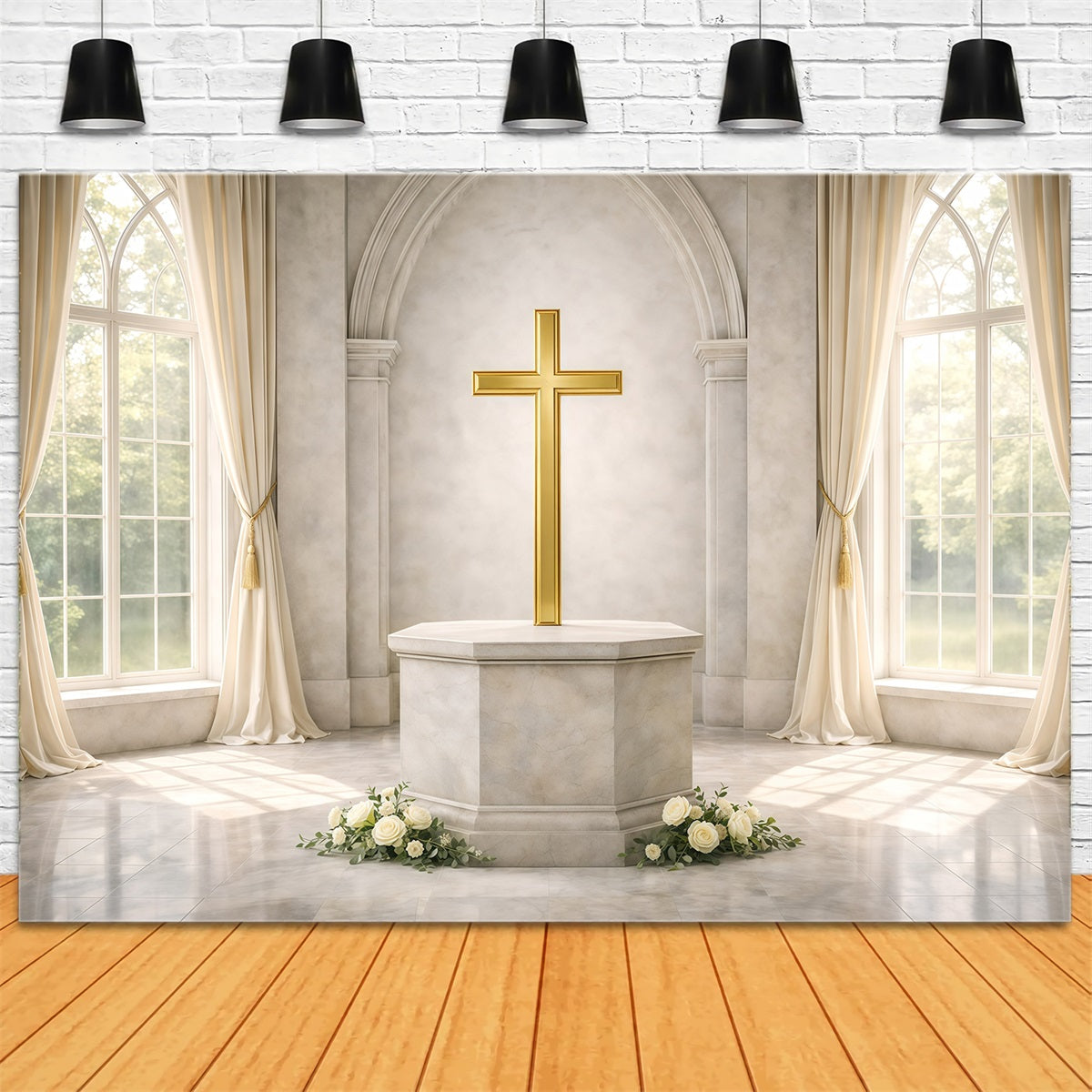 Easter Church Backdrop Golden Cross Window Light Easter Backdrop 10x10 GQ61-52