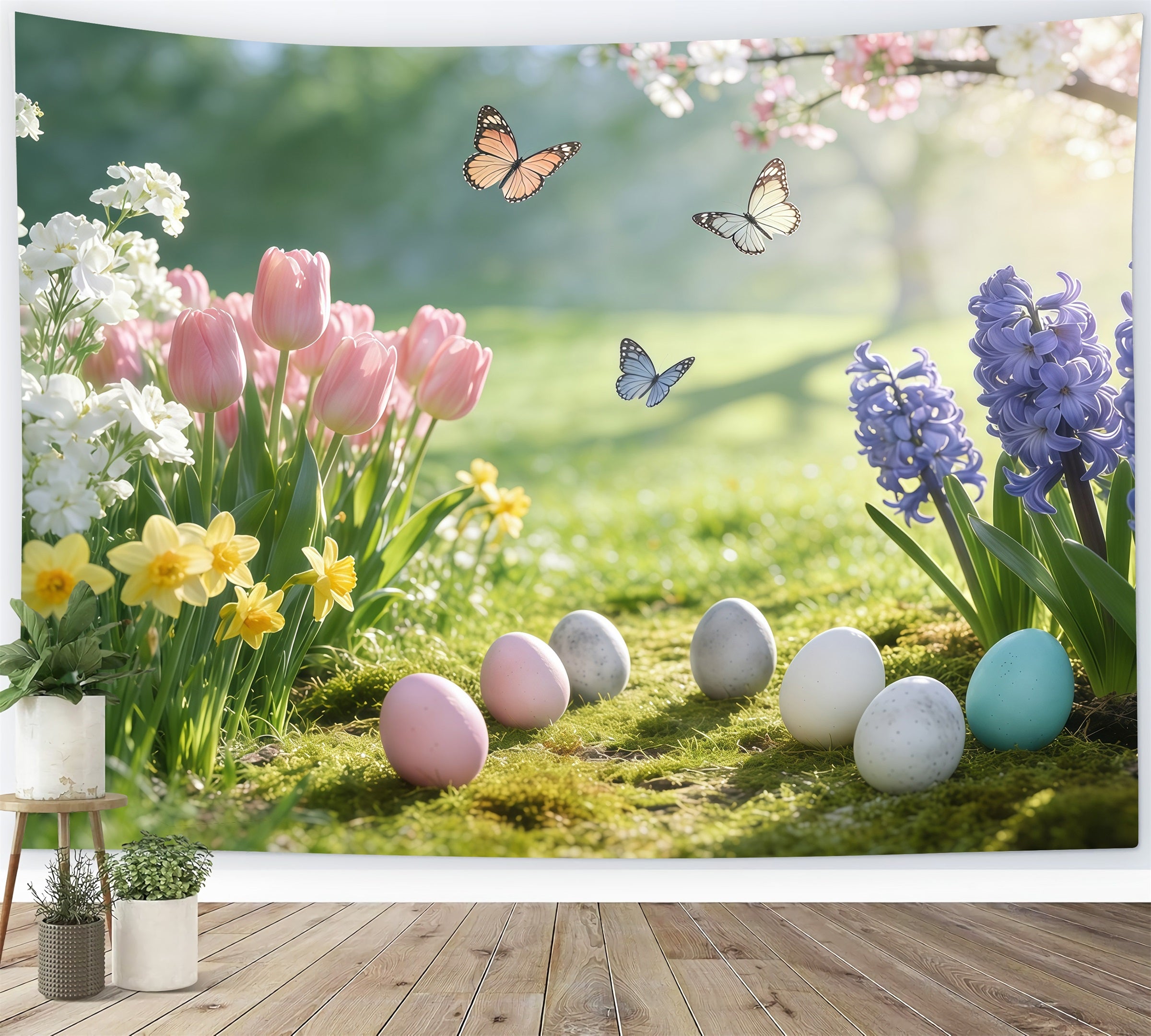 Easter Natural Backdrop Photography Spring Meadow Butterflies Eggs Easter Backdrops GQ61-53