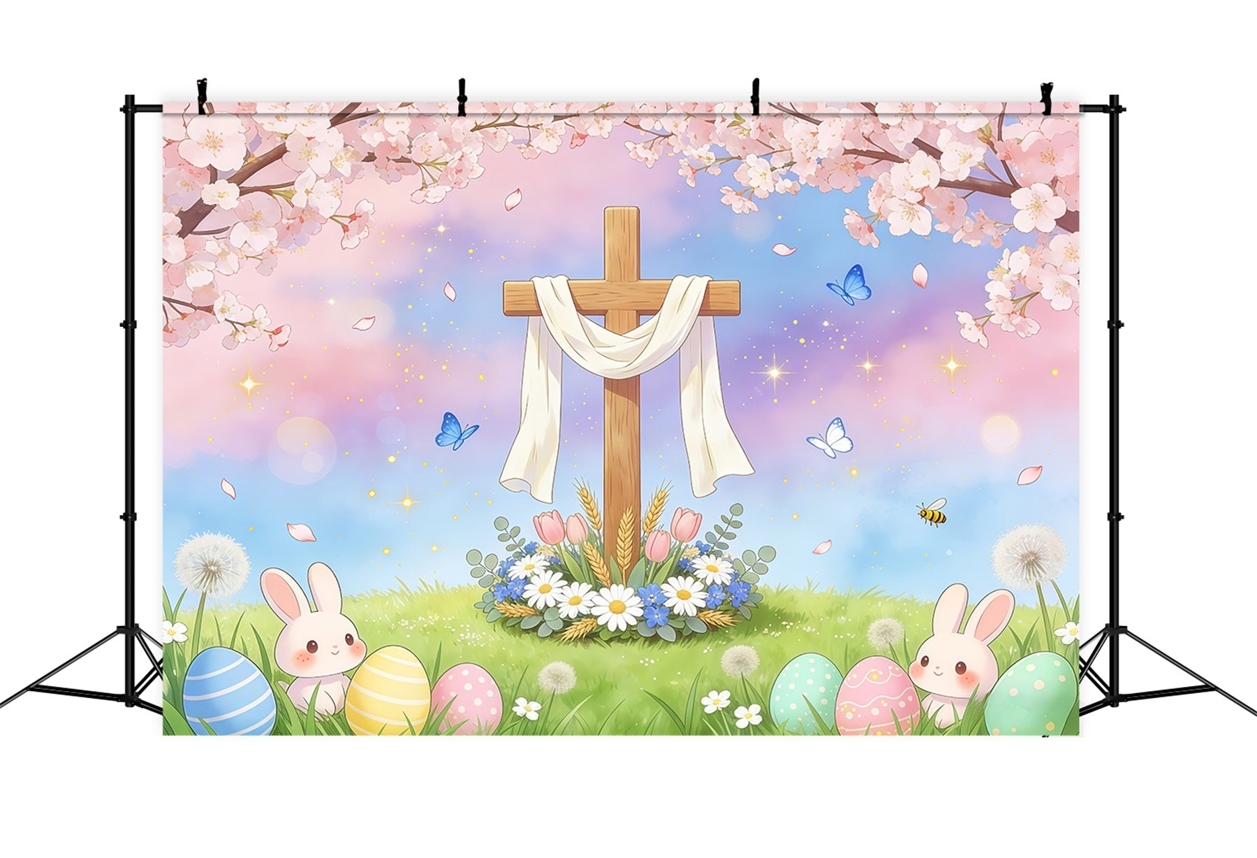 Easter Religious Backdrop Cross Bunny Egg Pastel Sky Easter Backdrops Ideas GQ61-56