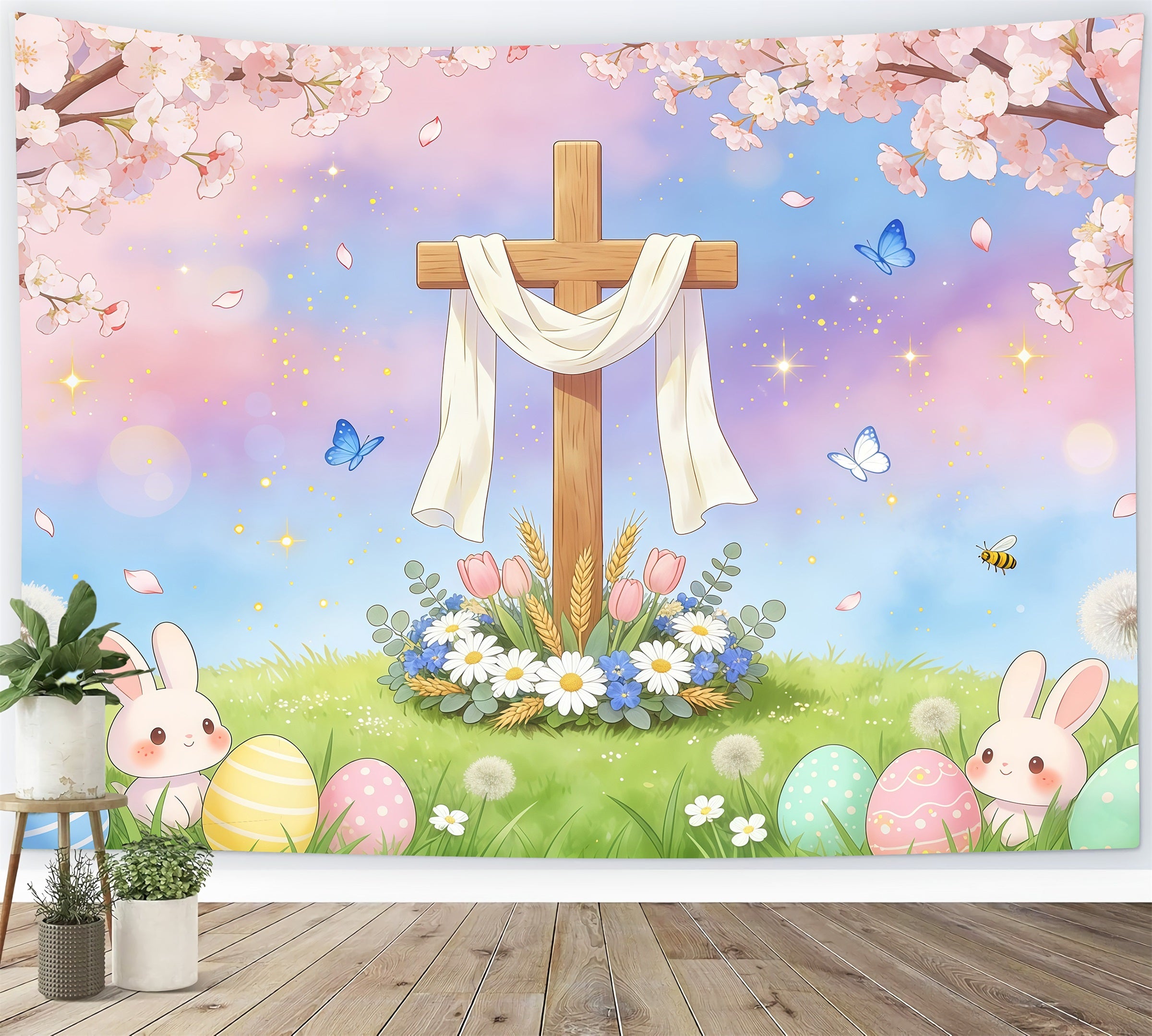 Easter Religious Backdrop Cross Bunny Egg Pastel Sky Easter Backdrops Ideas GQ61-56