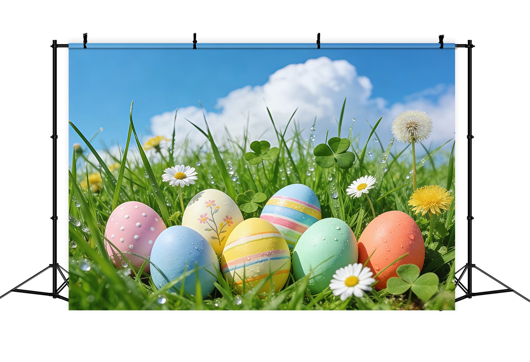 Easter Blue Sky Backdrop Spring Grass Pastel Eggs Photo Booth Easter Backdrop Ideas GQ61-65