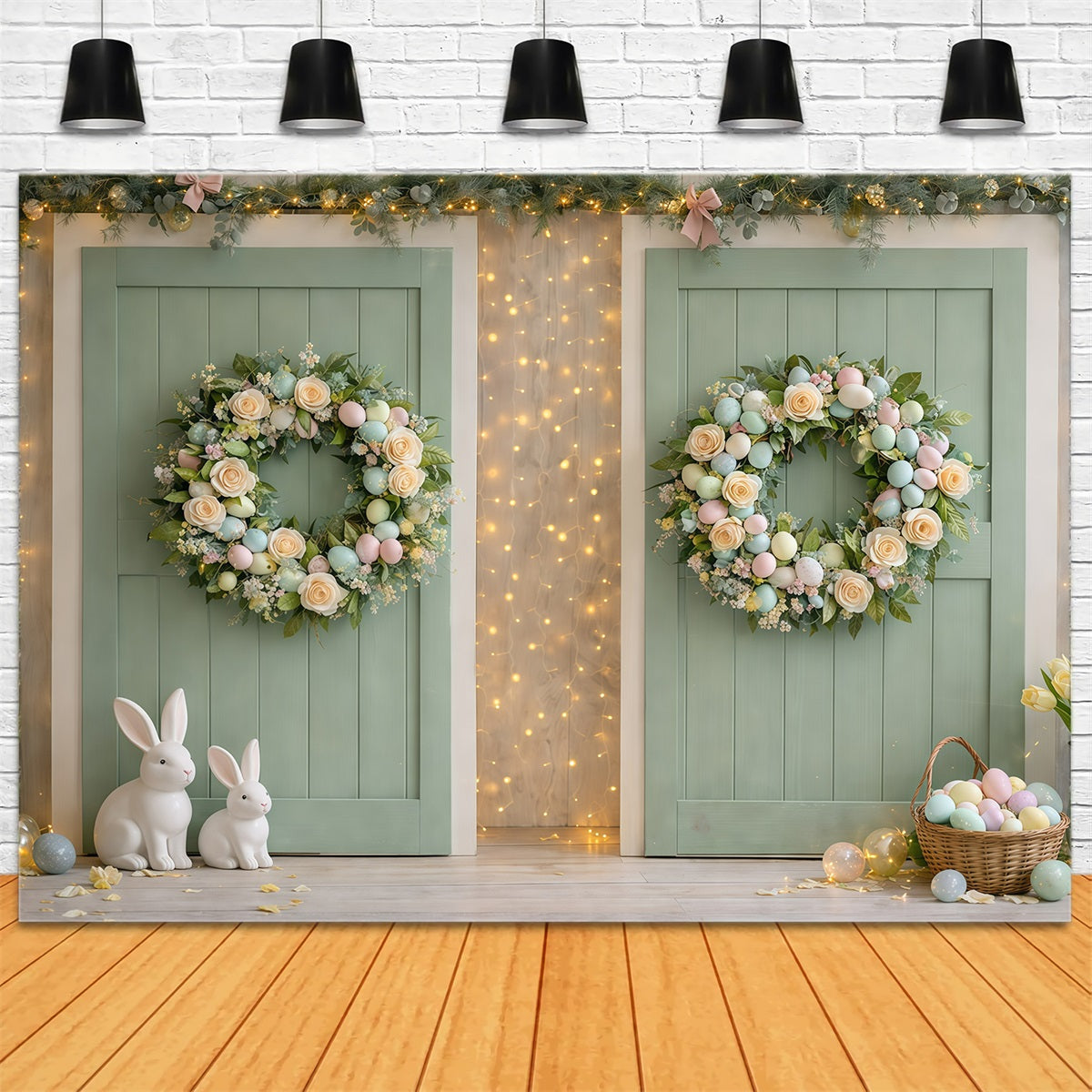 Easter Wreath Doorway Backdrop Mint Green Doorway Bunny Egg Easter Themed Backdrops GQ61-66