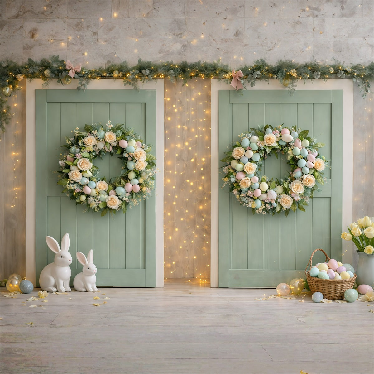 Easter Wreath Doorway Backdrop Mint Green Doorway Bunny Egg Easter Themed Backdrops GQ61-66