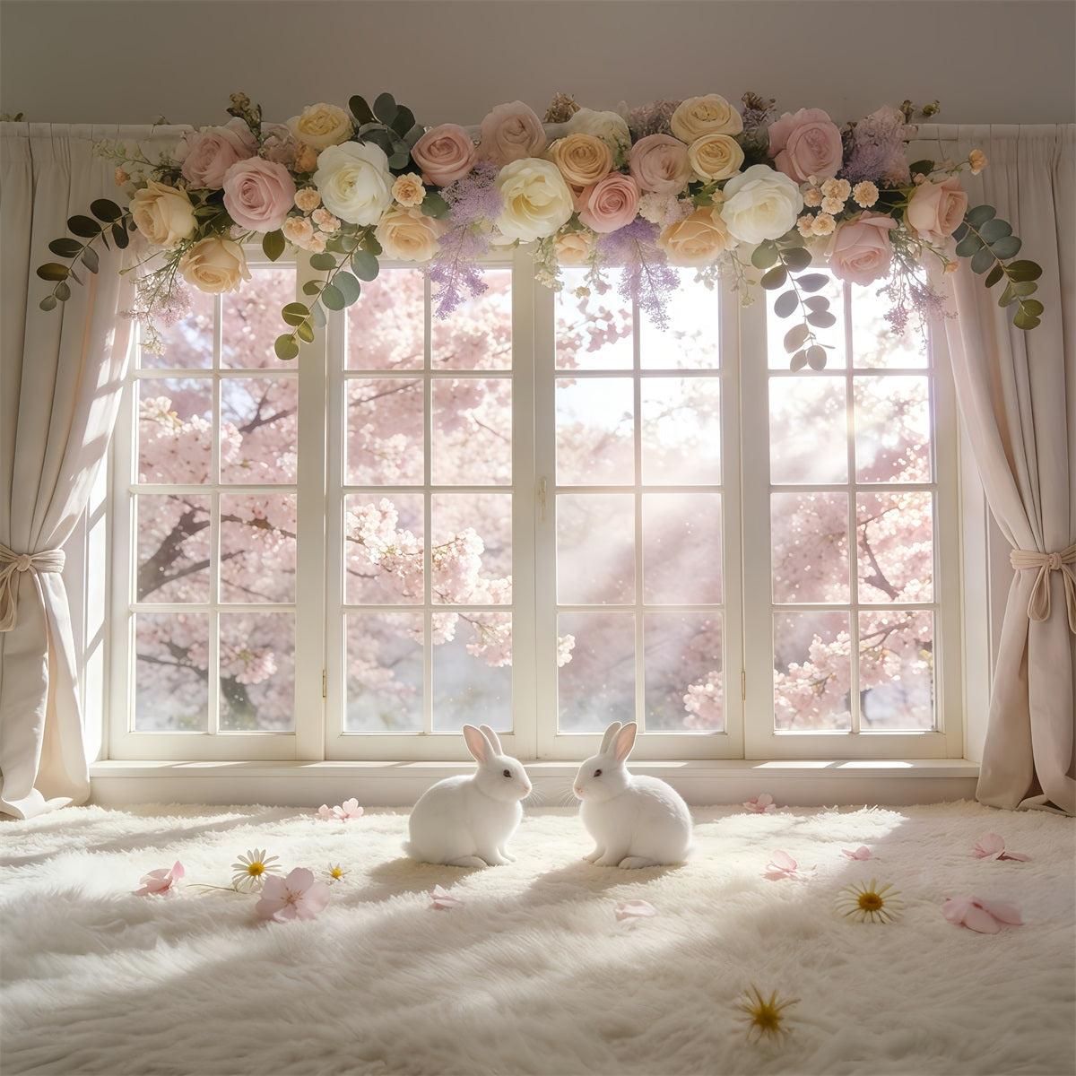 Easter Window Spring Light Backdrop Blossom Wreath Bunny Easter Backdrops Ideas GQ61-67