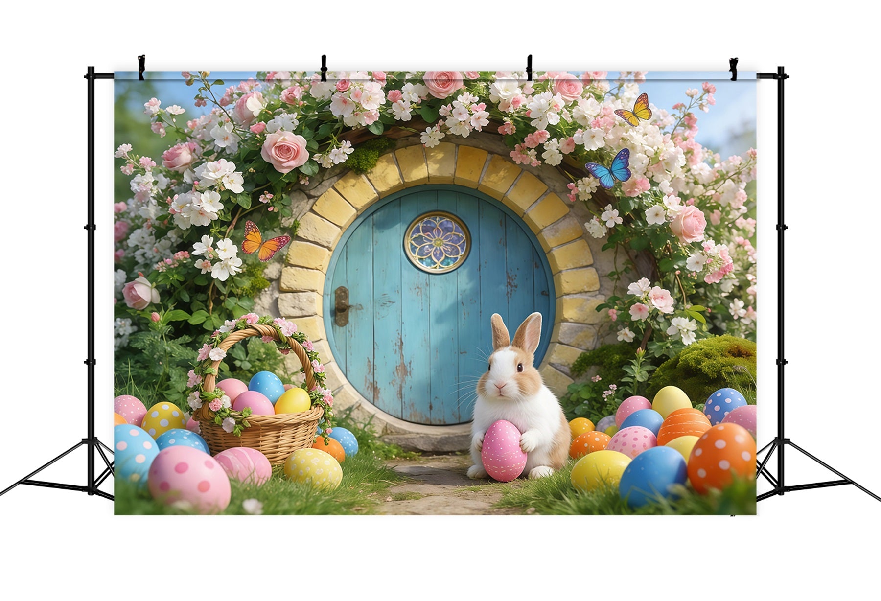 Easter Bunny Burrow Backdrop Fairytale House Flower Arch Easter Backdrop Photos GQ61-68