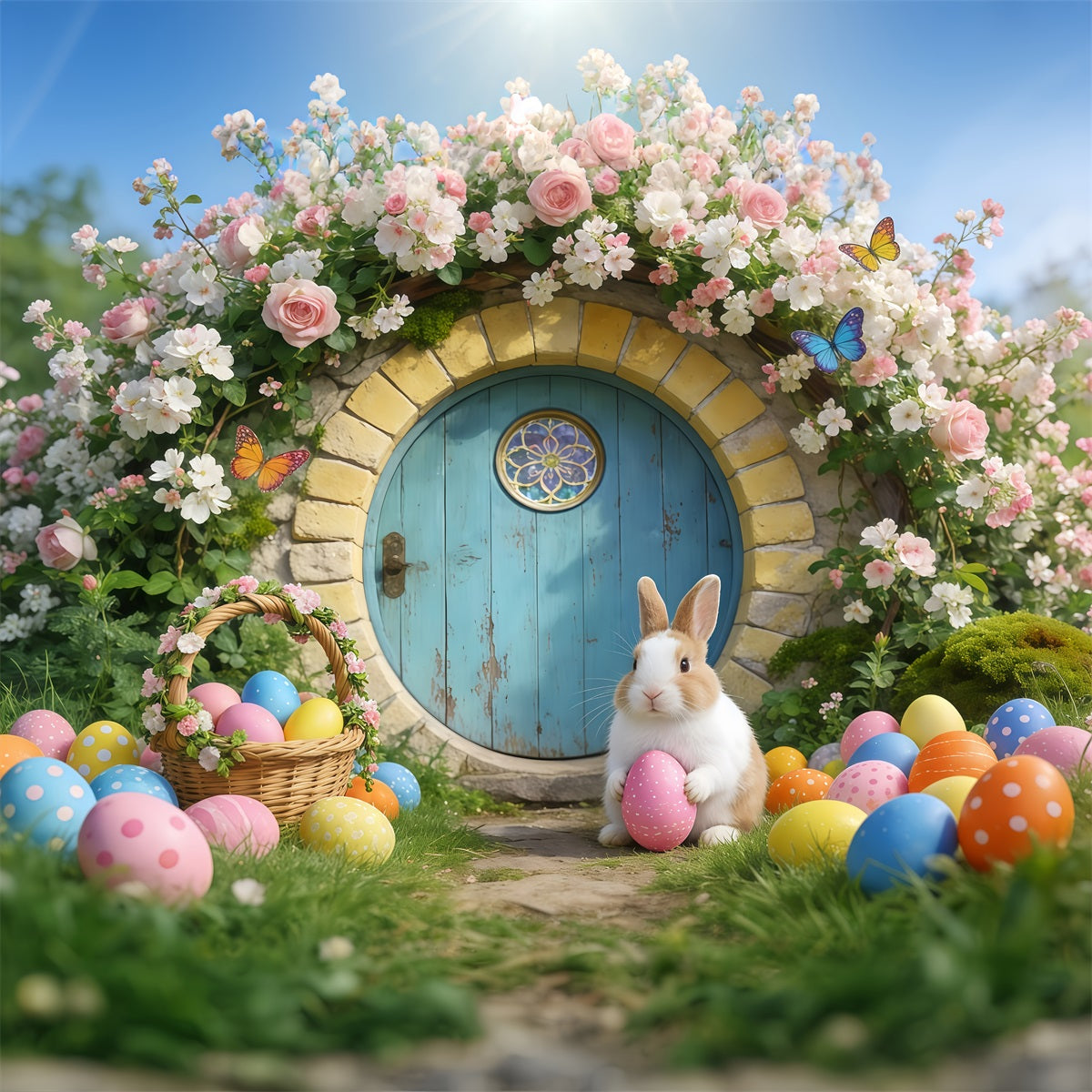 Easter Bunny Burrow Backdrop Fairytale House Flower Arch Easter Backdrop Photos GQ61-68