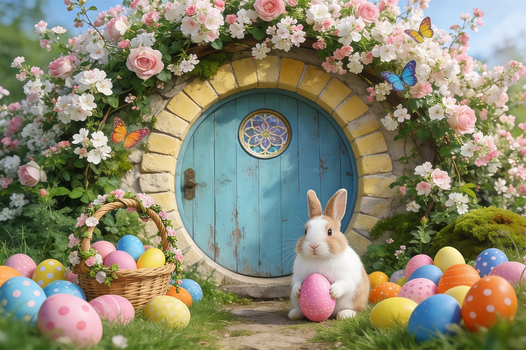Easter Bunny Burrow Backdrop Fairytale House Flower Arch Easter Backdrop Photos GQ61-68