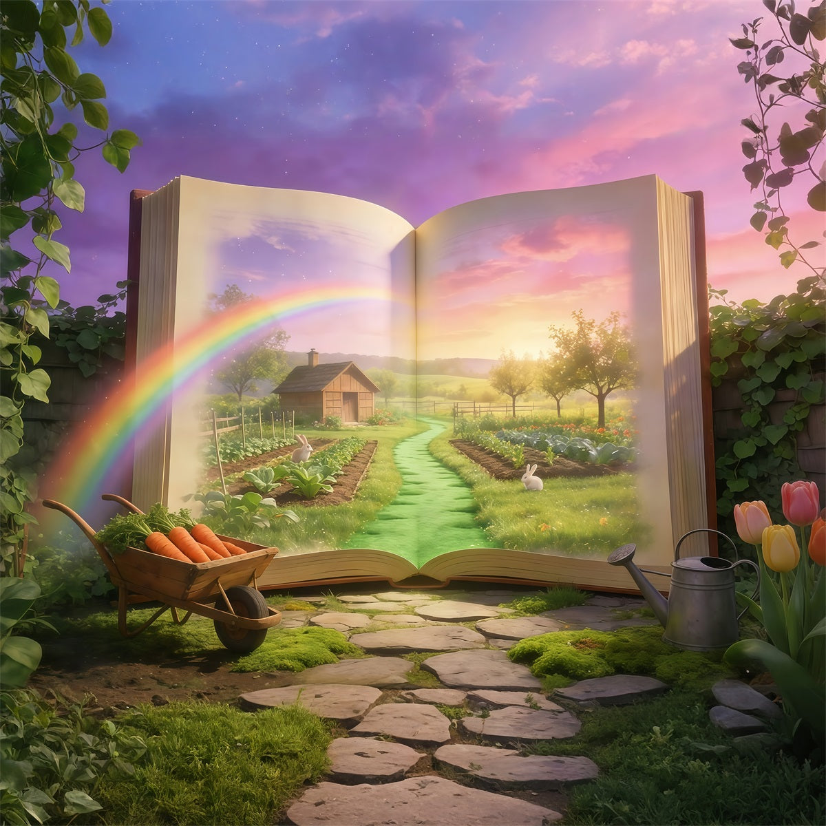 Easter Storybook Backdrop Magical Book Garden Bunny Easter Photo Booth Backdrop Ideas GQ61-69