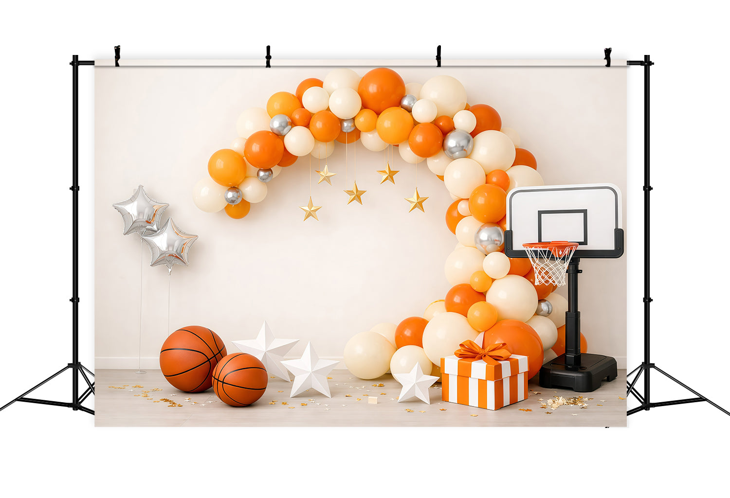 Basketball Photo Backdrop Orange Balloon Arch Gift Box Sports Backdrop GQ61-70