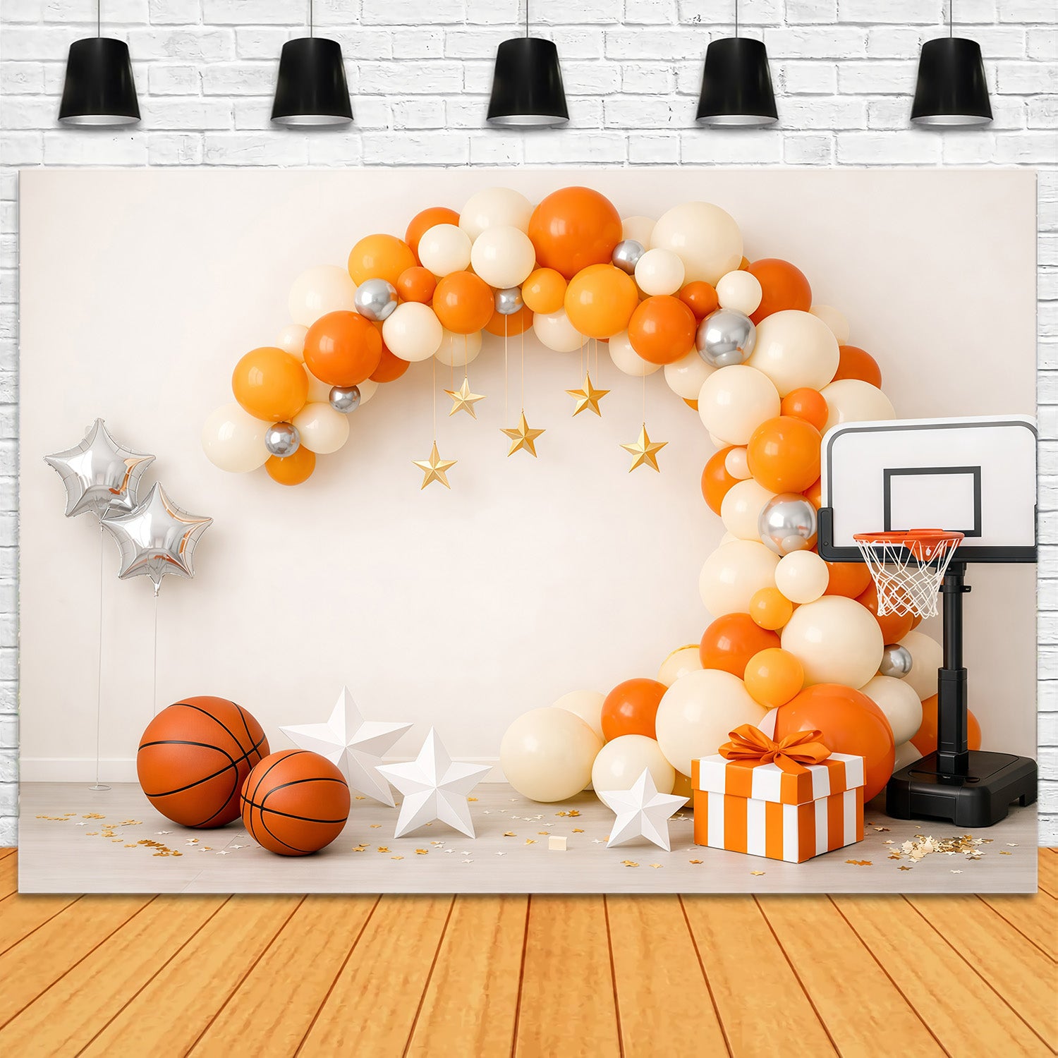 Basketball Photo Backdrop Orange Balloon Arch Gift Box Sports Backdrop GQ61-70