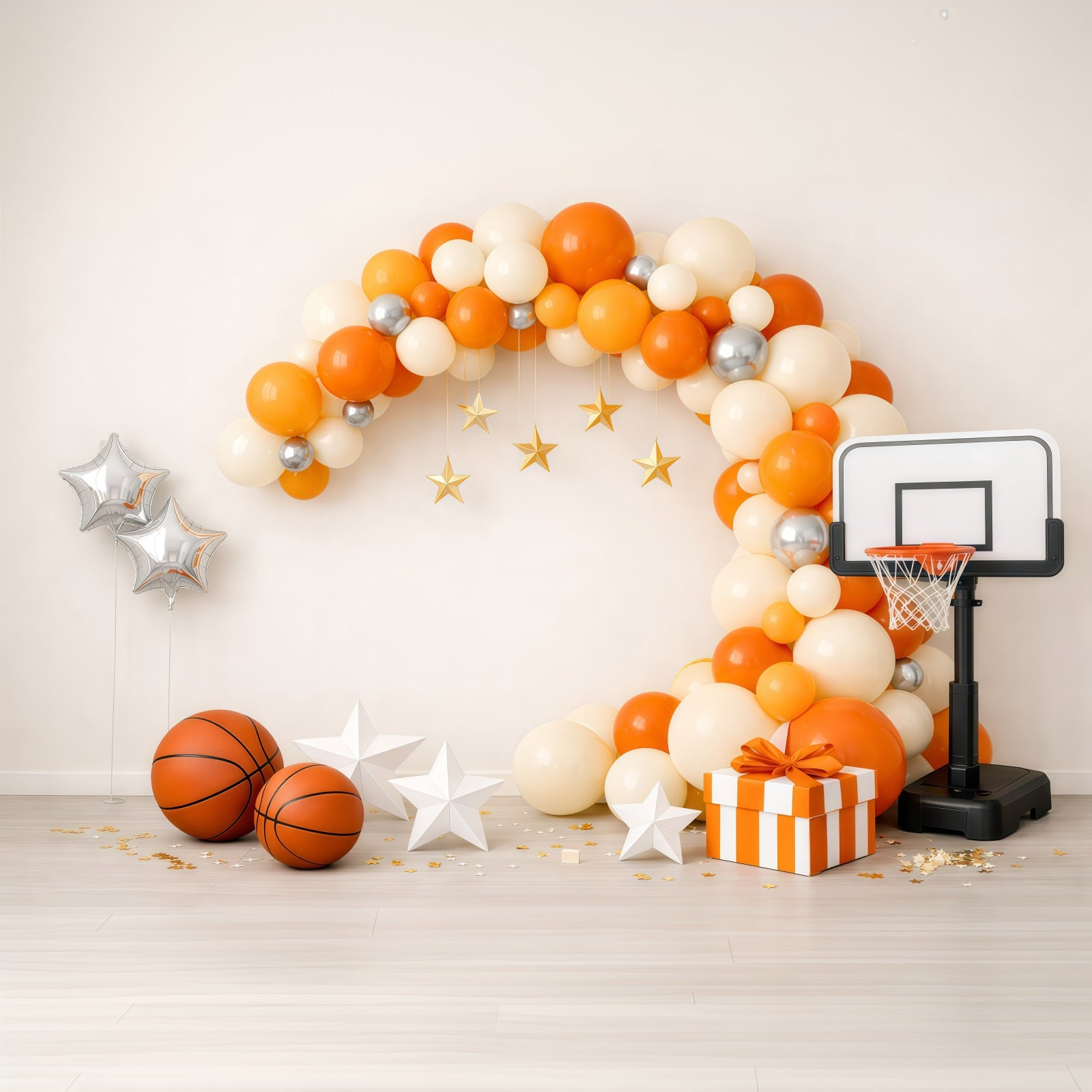 Basketball Photo Backdrop Orange Balloon Arch Gift Box Sports Backdrop GQ61-70